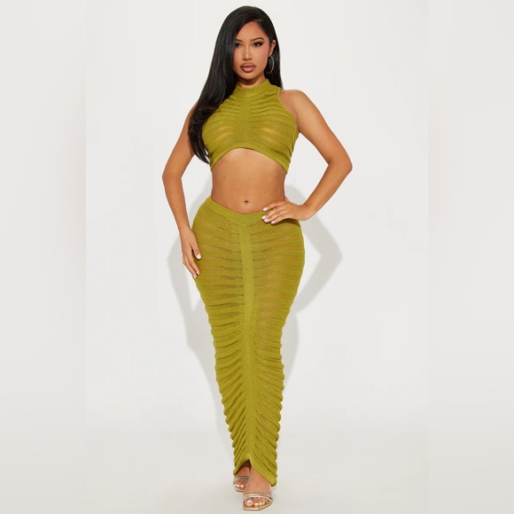 New Sheer Sleeveless Sweater Cropped Top and Maxi Skirt Set in Olive Size 3X - Picture 5 of 7